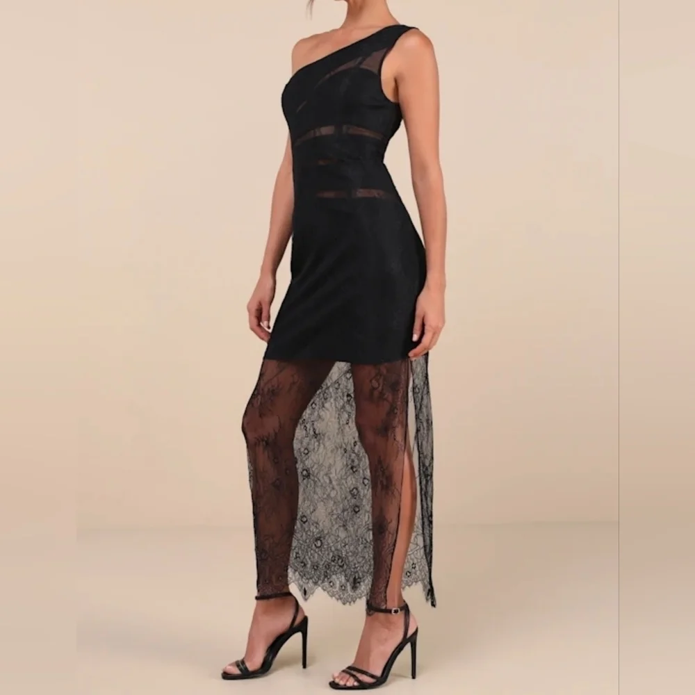 Lulus NWT Sensational Flirt Black Sheer Lace One-shoulder Maxi Dress - Small